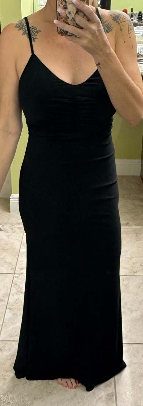 Venus small maxi black criss cross back NWOT ruched butt wedding event formal